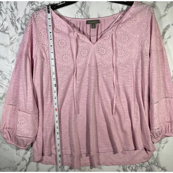 Style & Co Womens Pink Eyelet Embroidered Peasant Blouse 3/4 Sleeve Size 0X - Picture 4 of 8